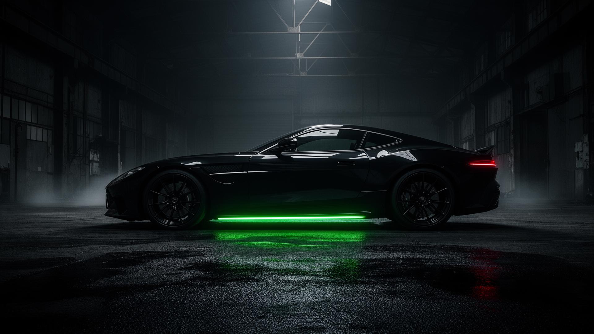 Black luxury performance car with green underglow